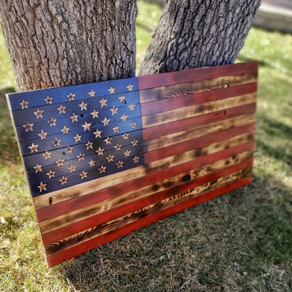 HANDCARVED Wooden Rustic Wall American Flag Decor